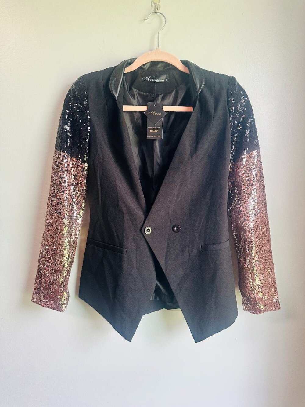 NWT Auxo Black Blazer Jacket with Rose Gold Sequin Sleeves Small